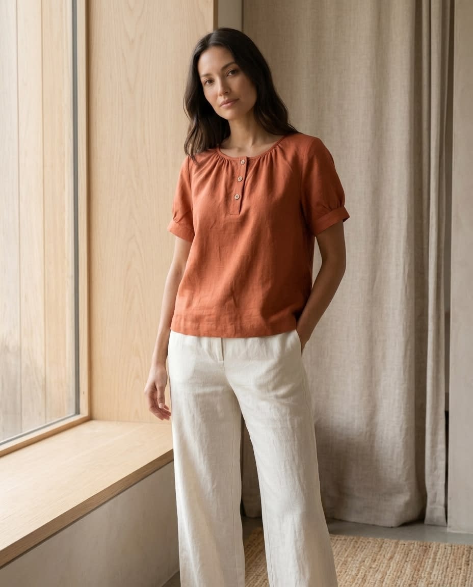 Gathered Henley Linen Blouse