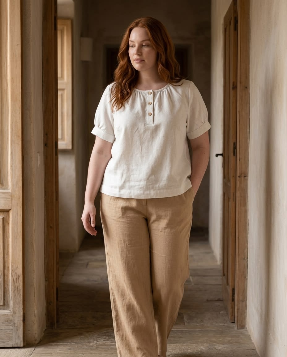 Gathered Henley Linen Blouse