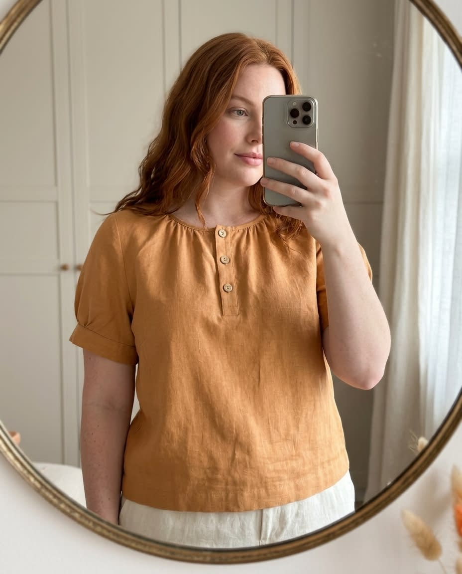 Gathered Henley Linen Blouse
