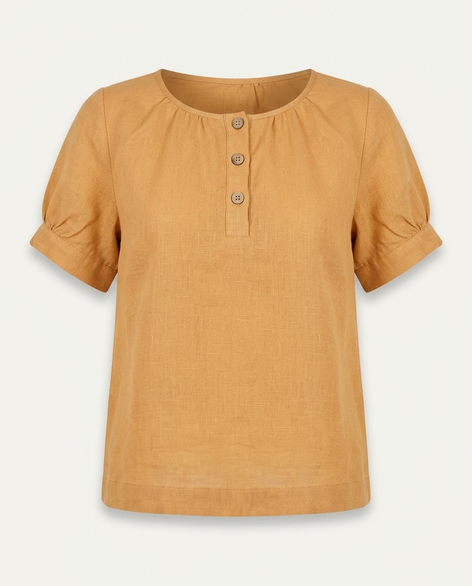 Gathered Henley Linen Blouse
