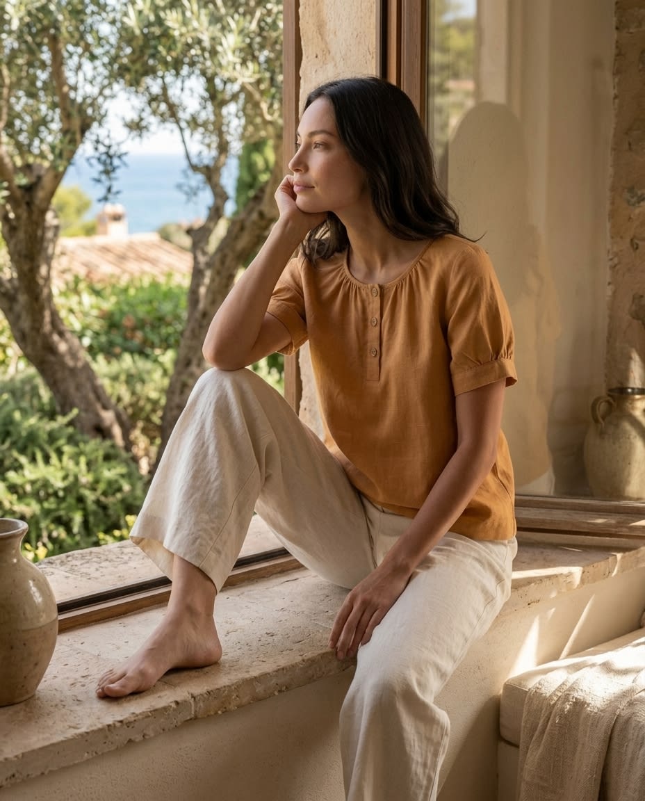 Gathered Henley Linen Blouse