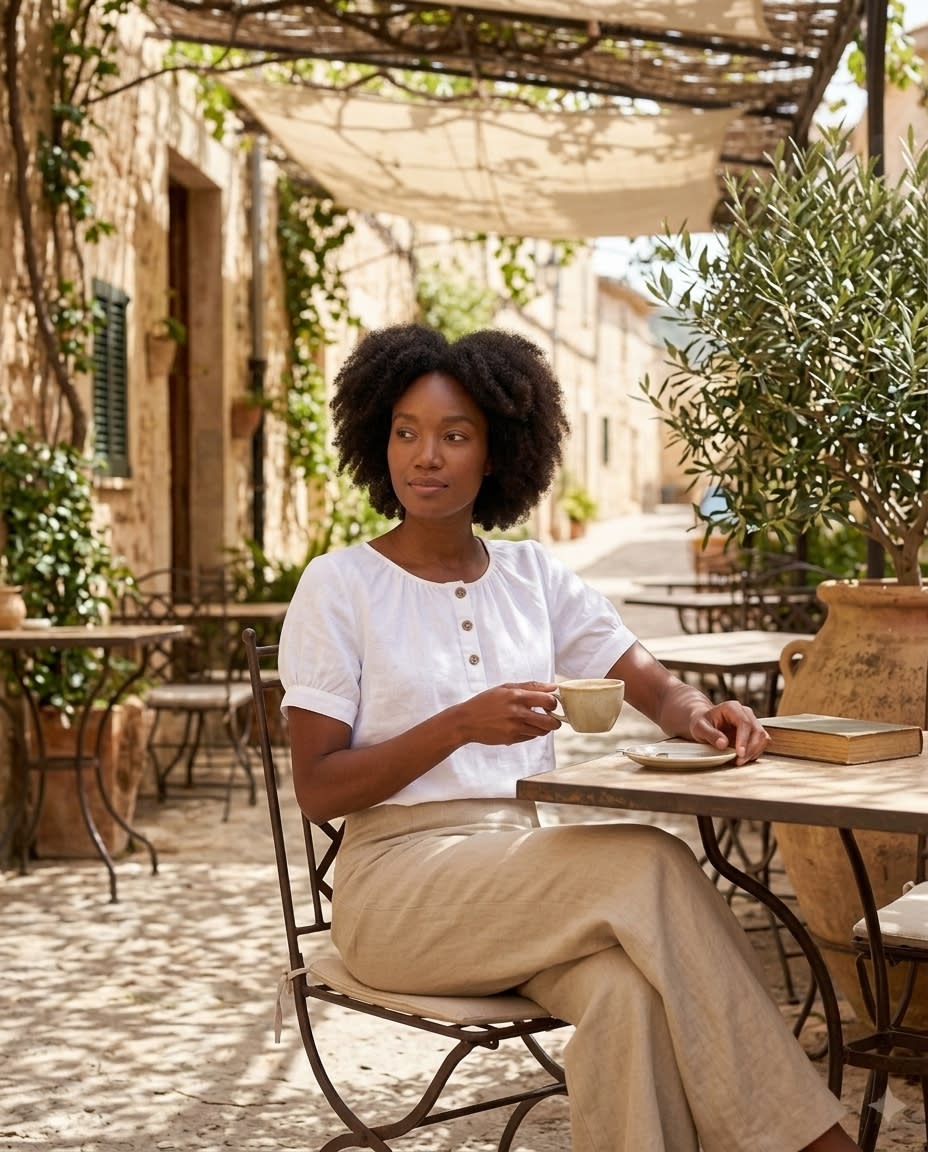 Gathered Henley Linen Blouse