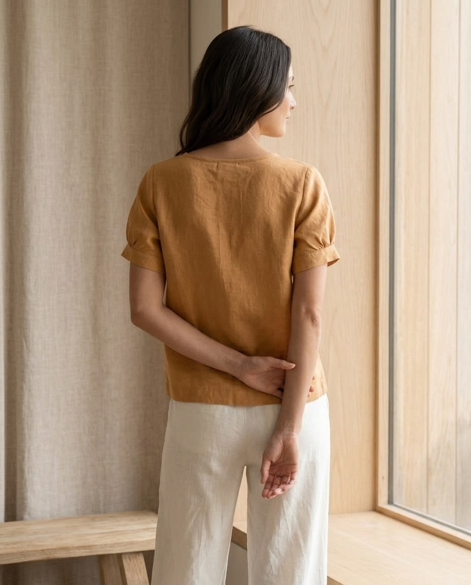 Gathered Henley Linen Blouse