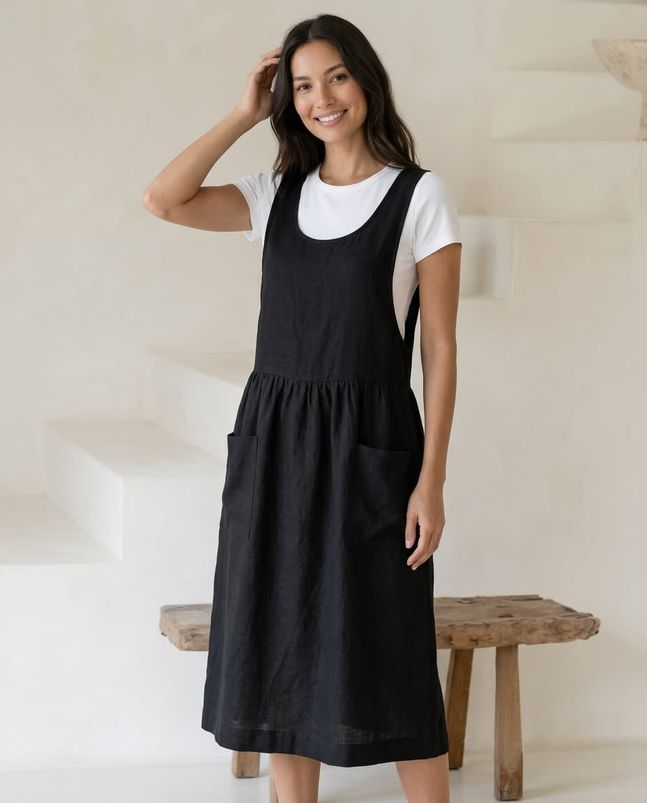 Sleeveless Linen Pinafore Pocket Dress