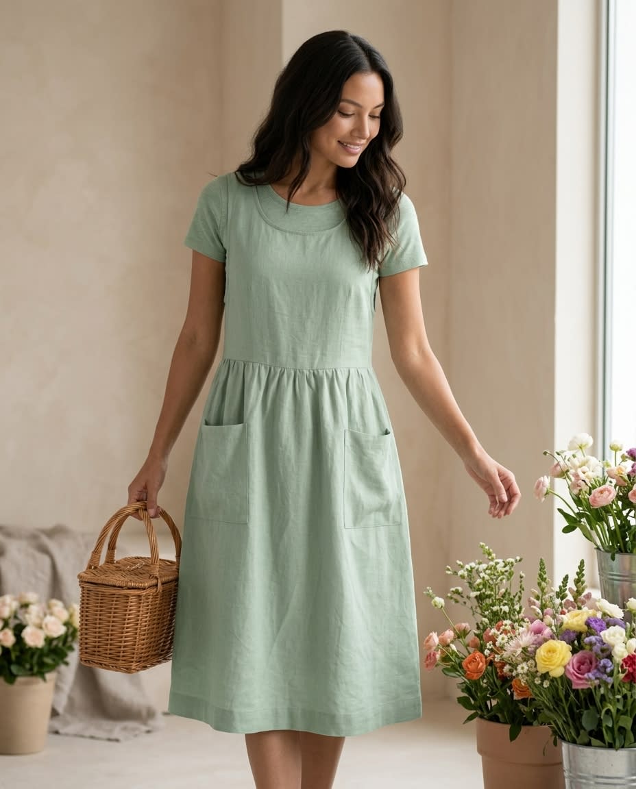 Sleeveless Linen Pinafore Pocket Dress