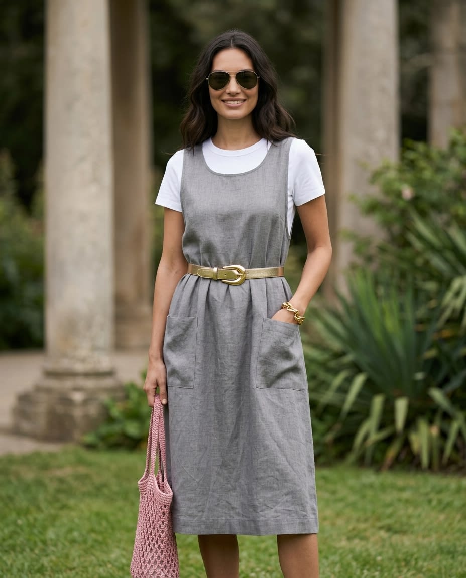 Sleeveless Linen Pinafore Pocket Dress
