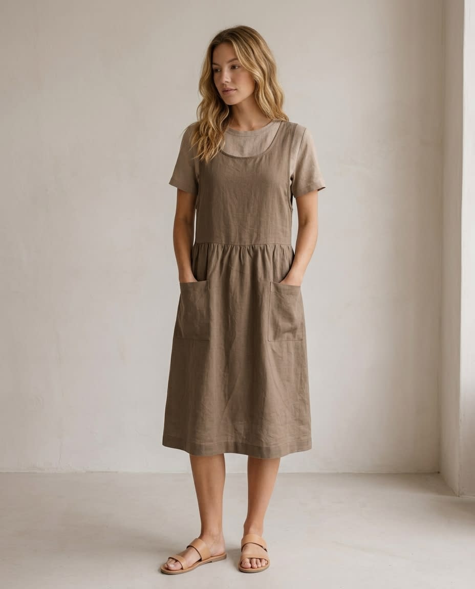 Sleeveless Linen Pinafore Pocket Dress