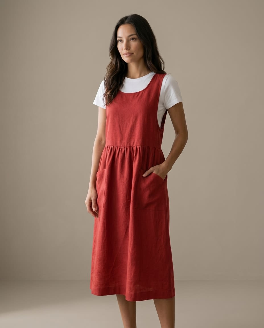 Sleeveless Linen Pinafore Pocket Dress