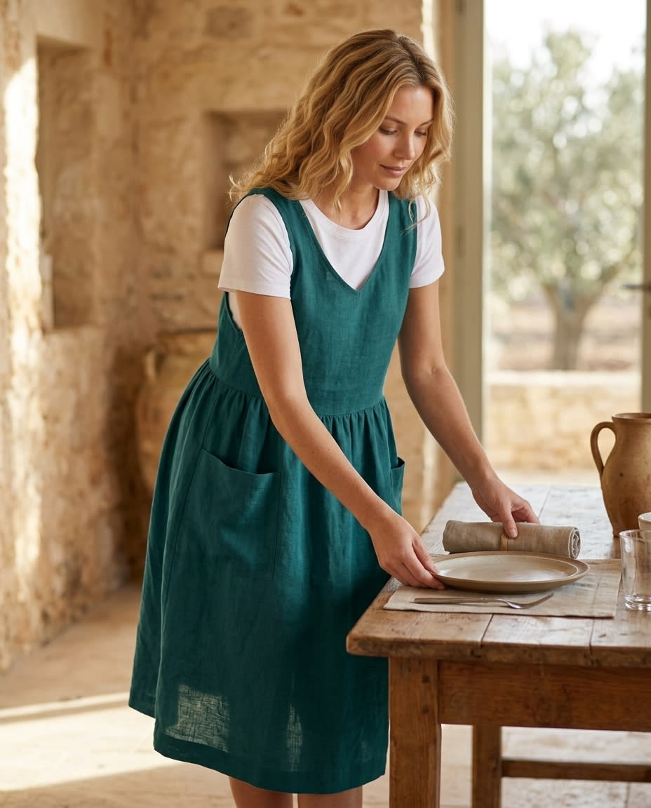Sleeveless Linen Pinafore Pocket Dress