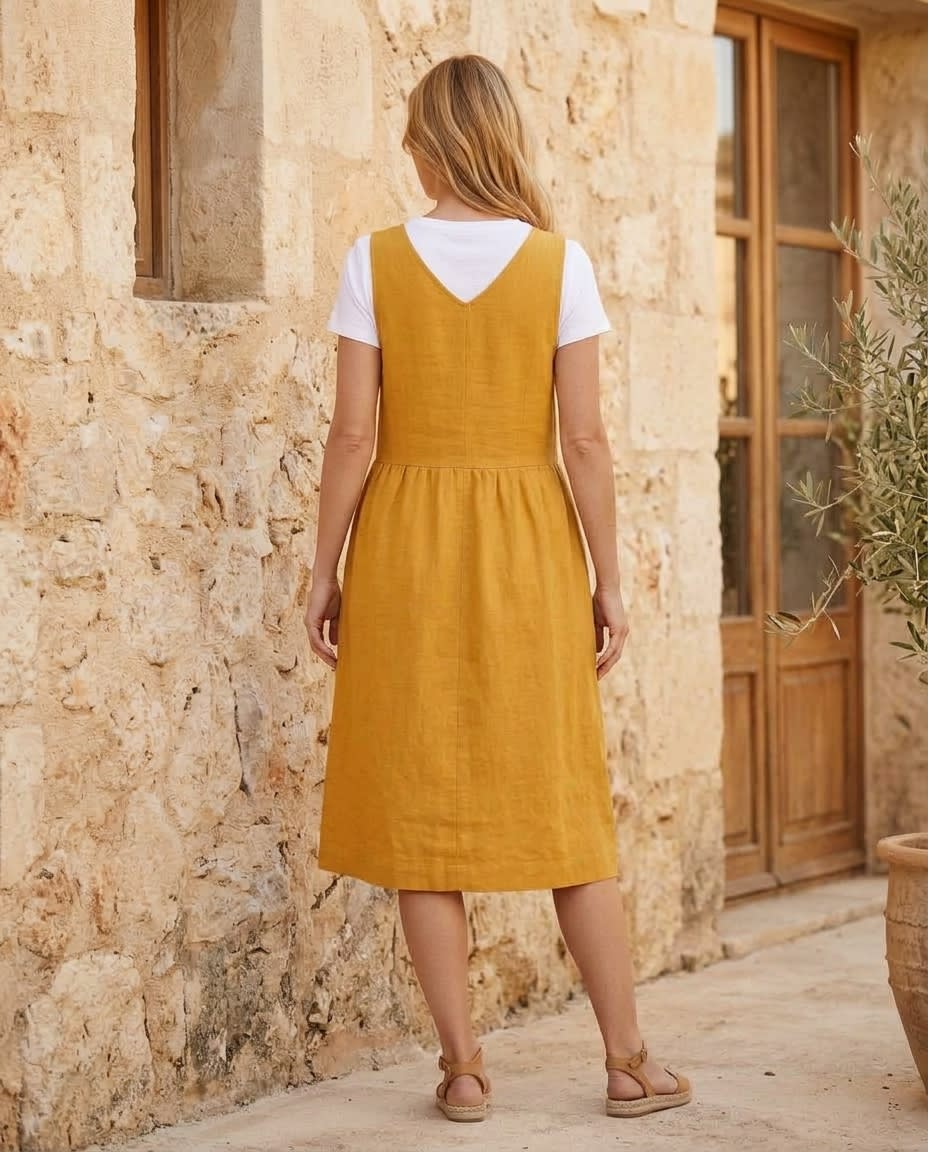 Sleeveless Linen Pinafore Pocket Dress