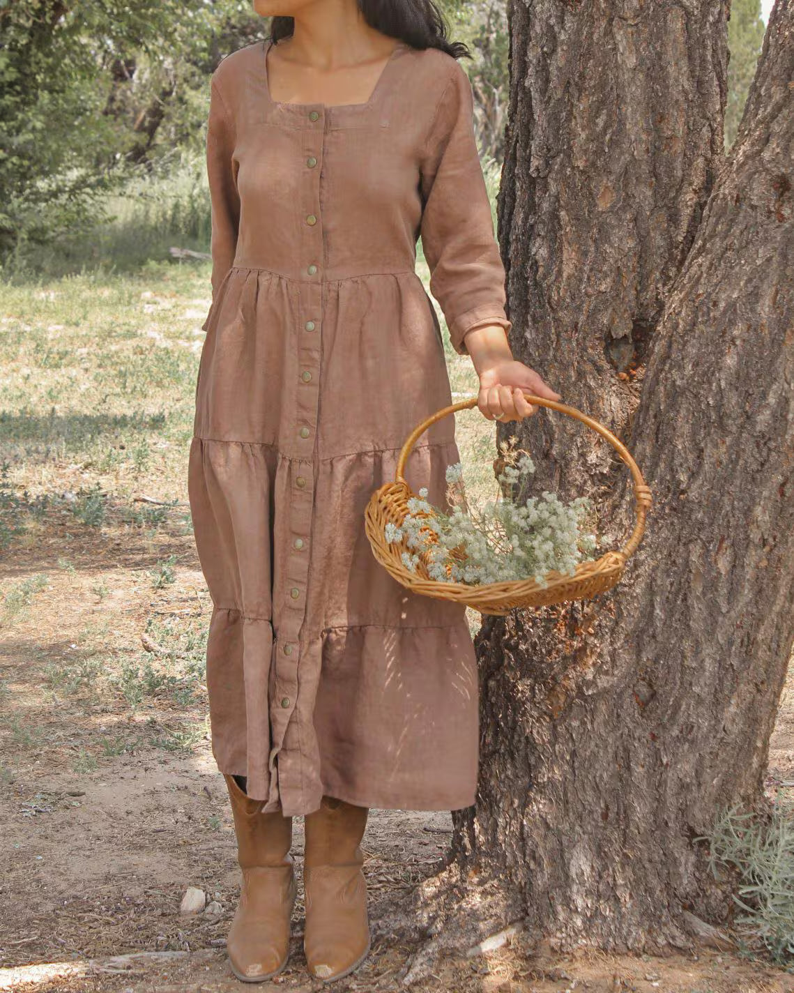 Tiered Linen Maxi Dress with Square Neckline & 3/4 Sleeves