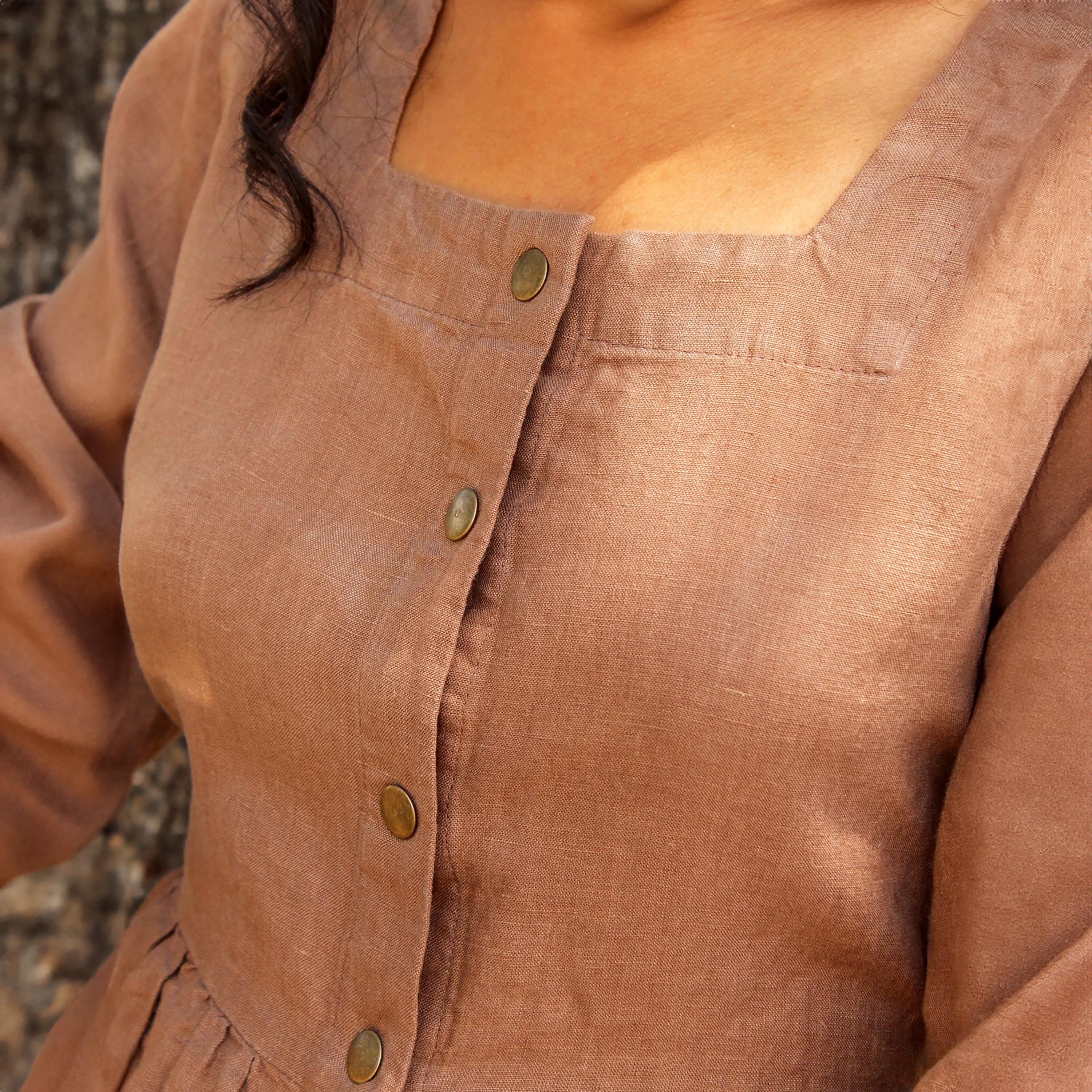 Tiered Linen Maxi Dress with Square Neckline & 3/4 Sleeves