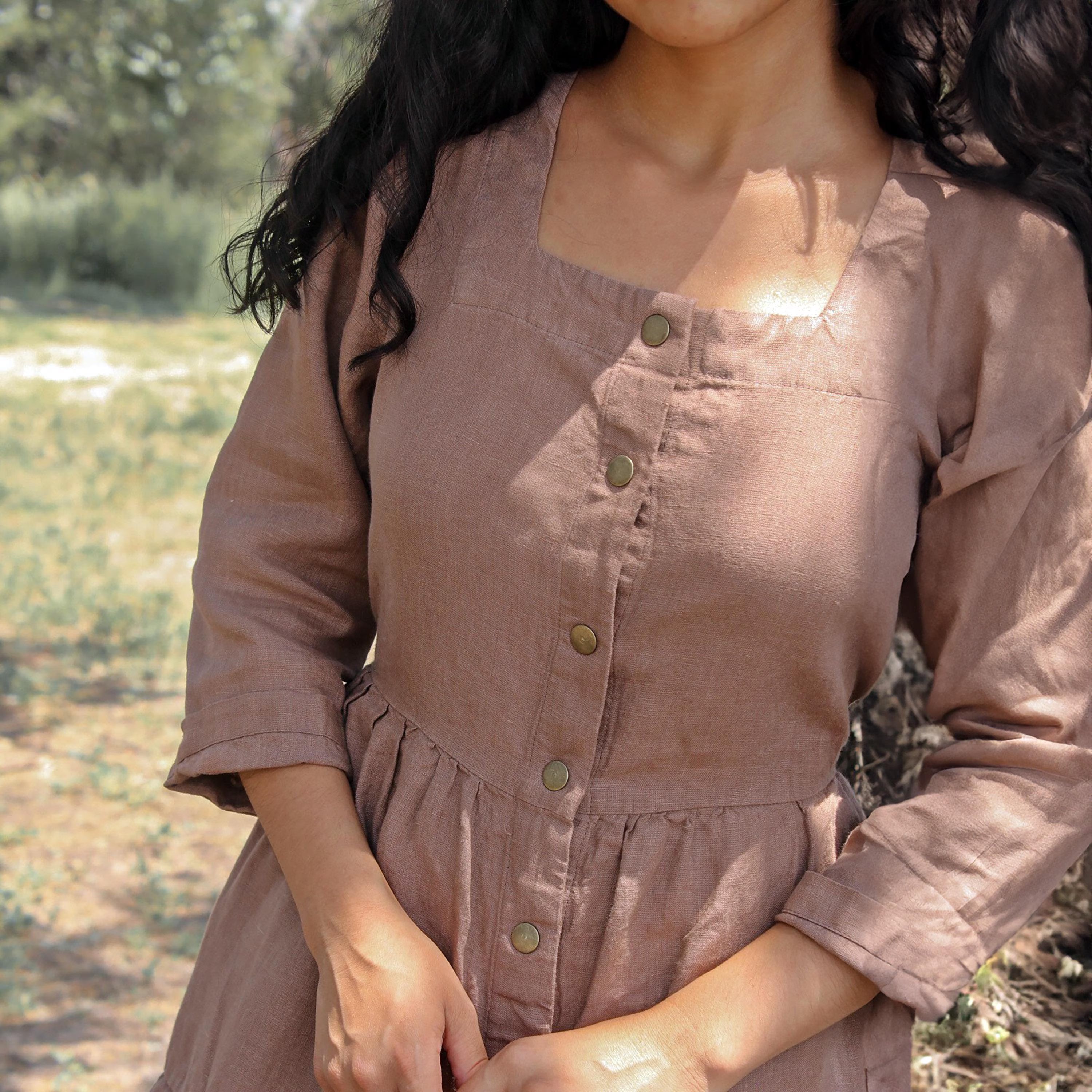 Tiered Linen Maxi Dress with Square Neckline & 3/4 Sleeves