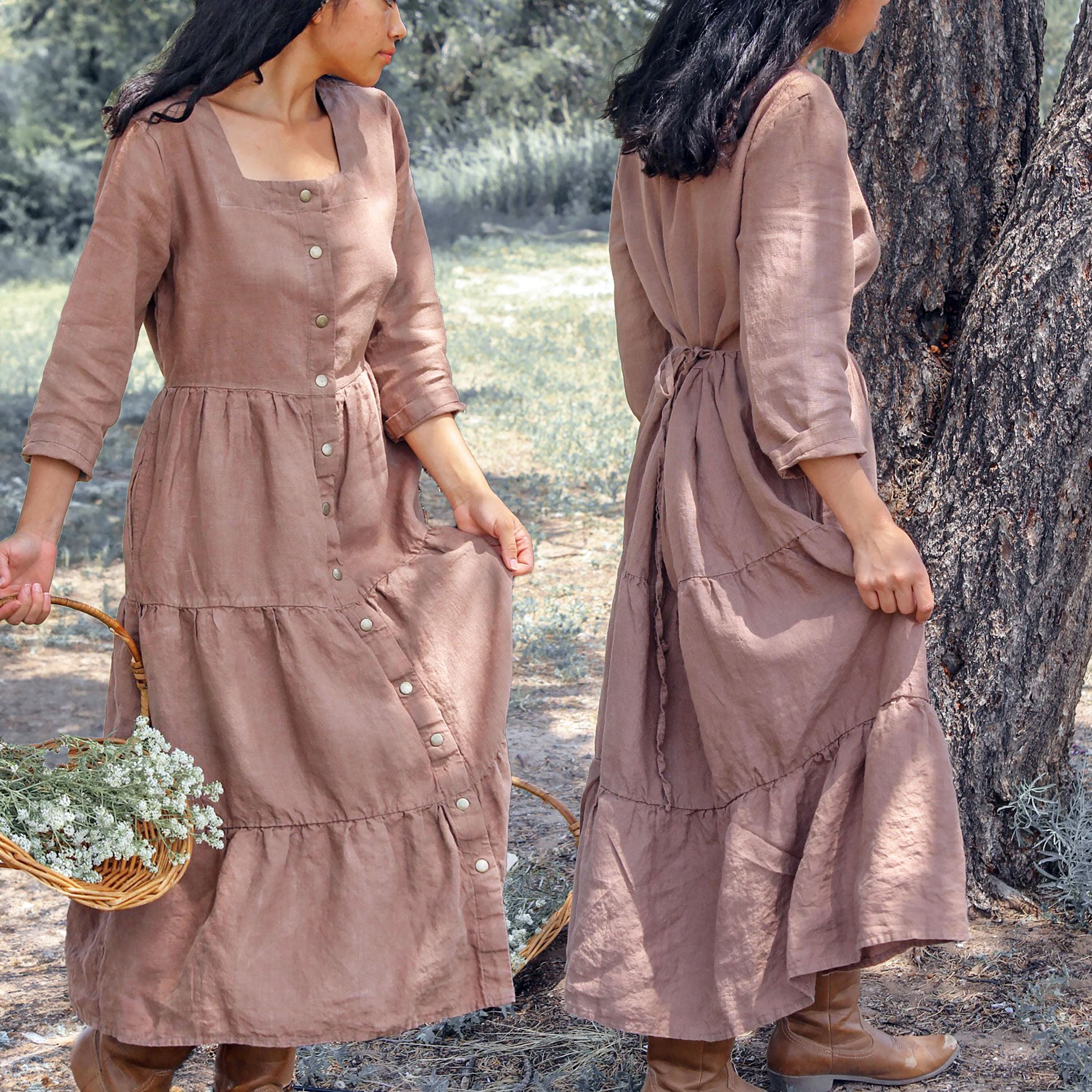 Tiered Linen Maxi Dress with Square Neckline & 3/4 Sleeves