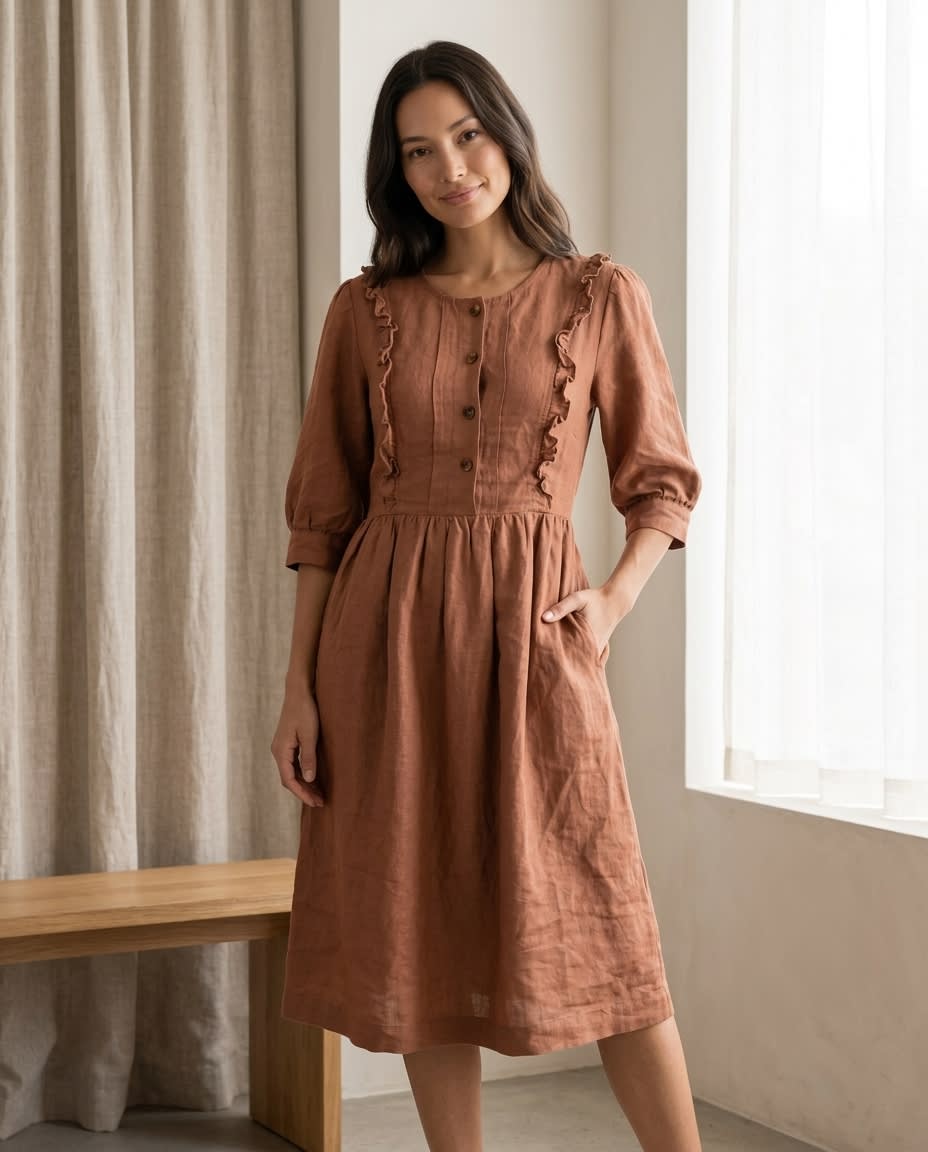 Ruffled Bib Prairie Linen Dress