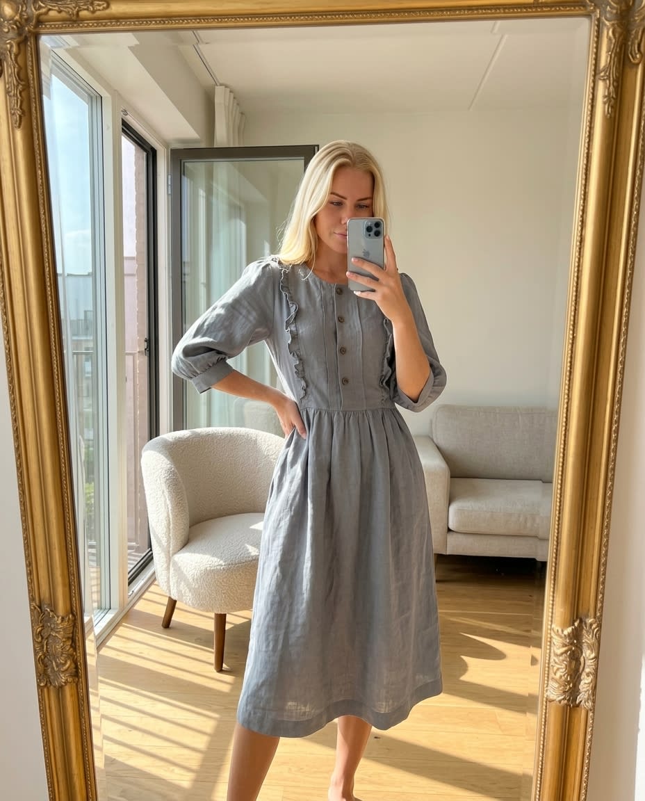 Ruffled Bib Linen Midi Dress