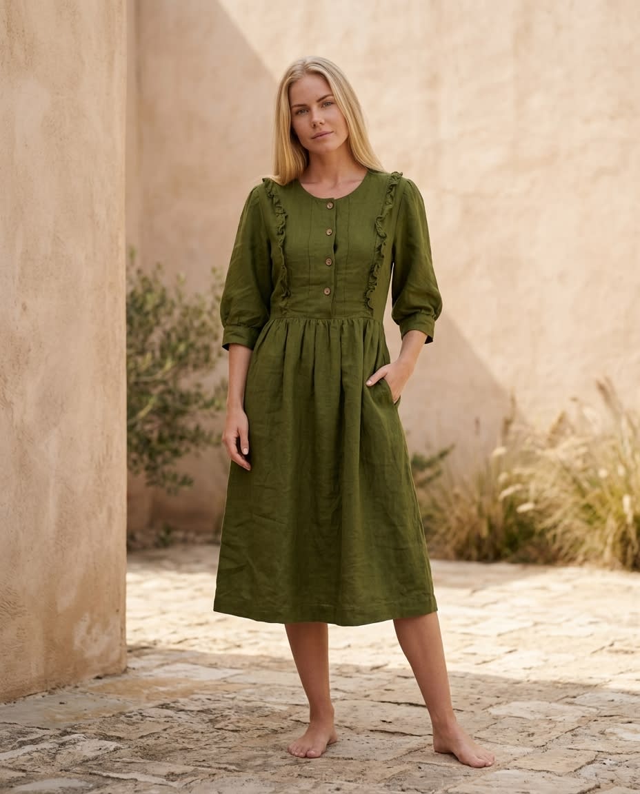 Ruffled Bib Prairie Linen Dress