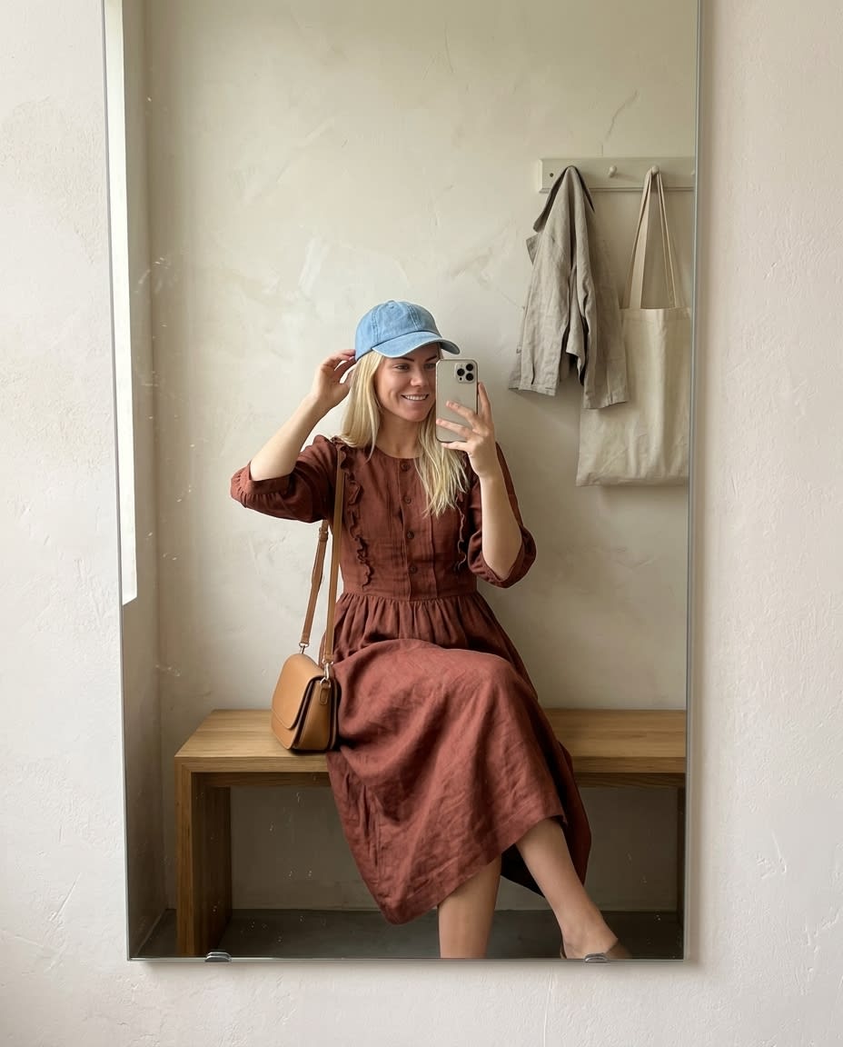 Ruffled Bib Linen Midi Dress