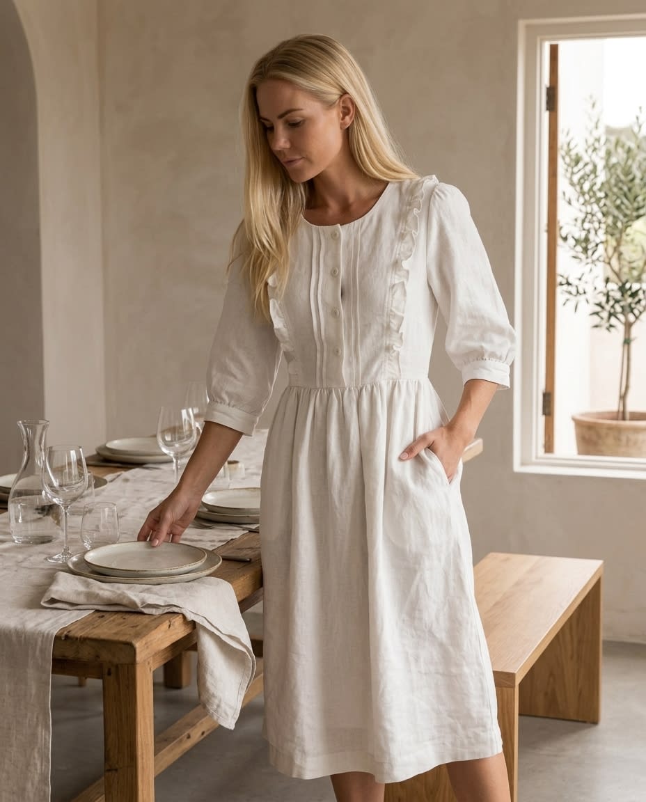 Ruffled Bib Linen Midi Dress