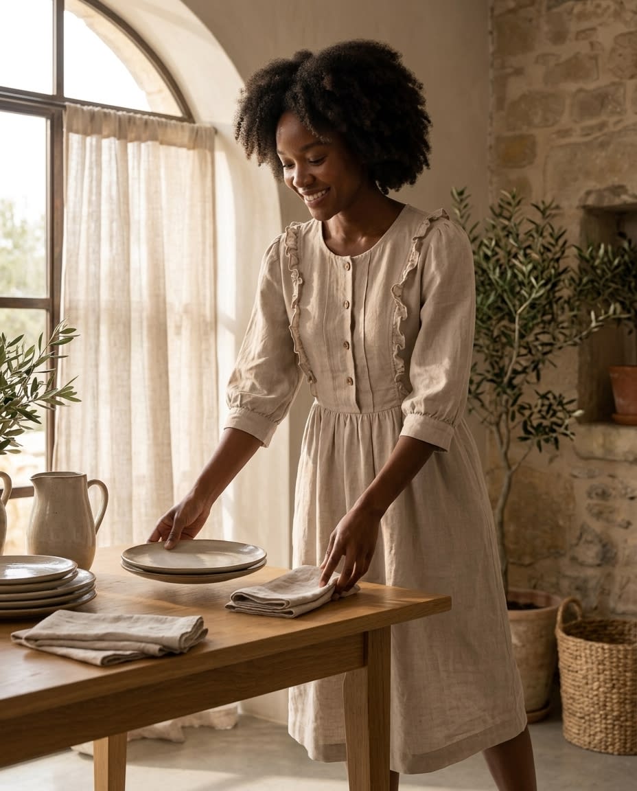 Ruffled Bib Linen Midi Dress