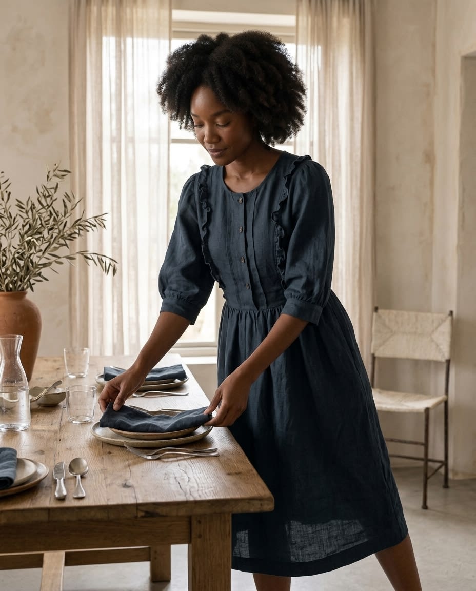 Ruffled Bib Linen Midi Dress