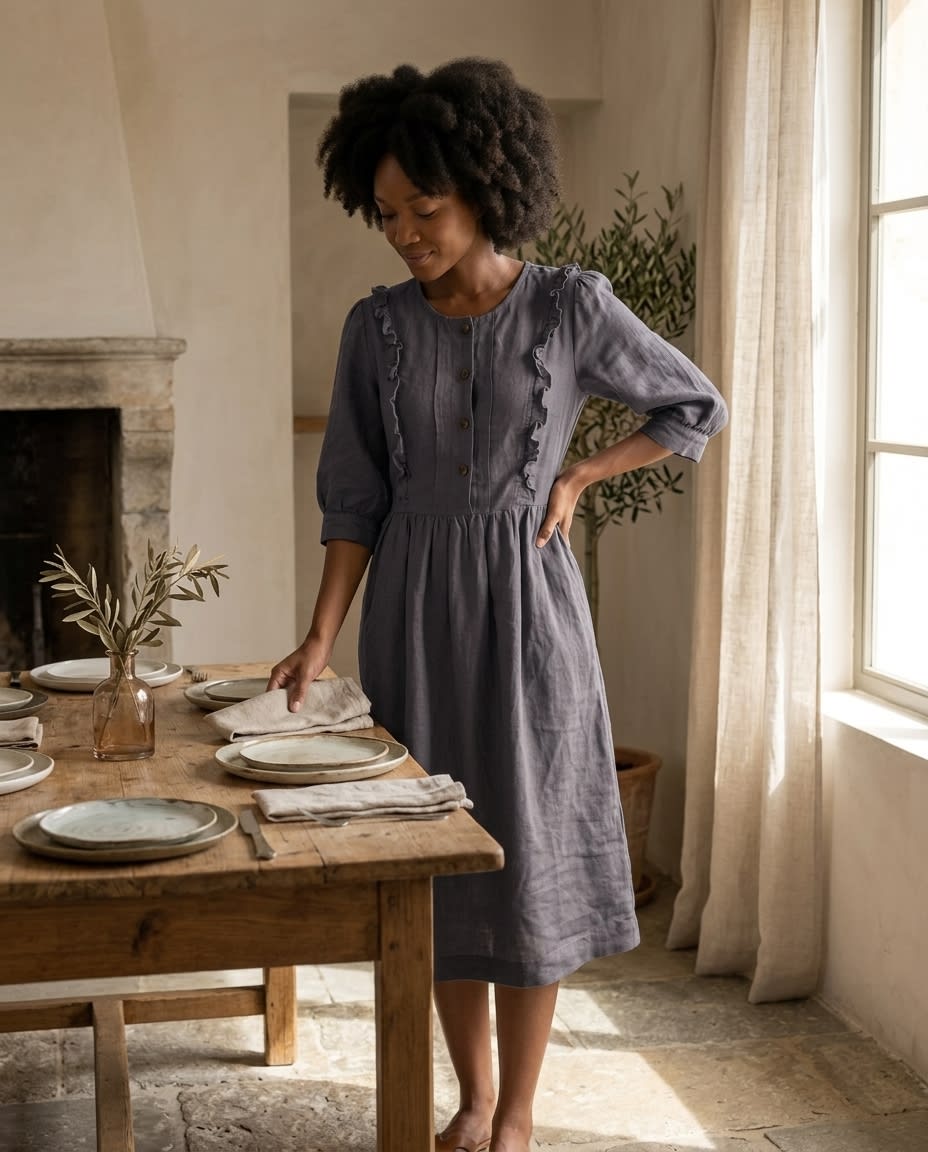 Ruffled Bib Linen Midi Dress