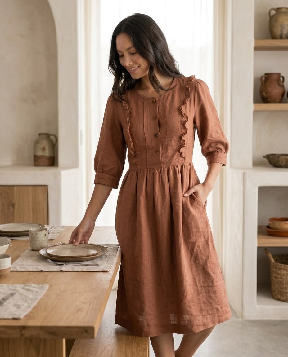 Ruffled Bib Linen Midi Dress