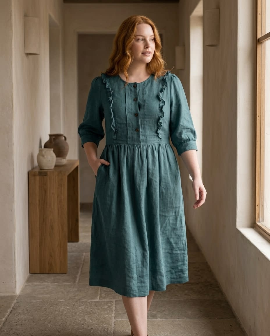 Ruffled Bib Linen Midi Dress