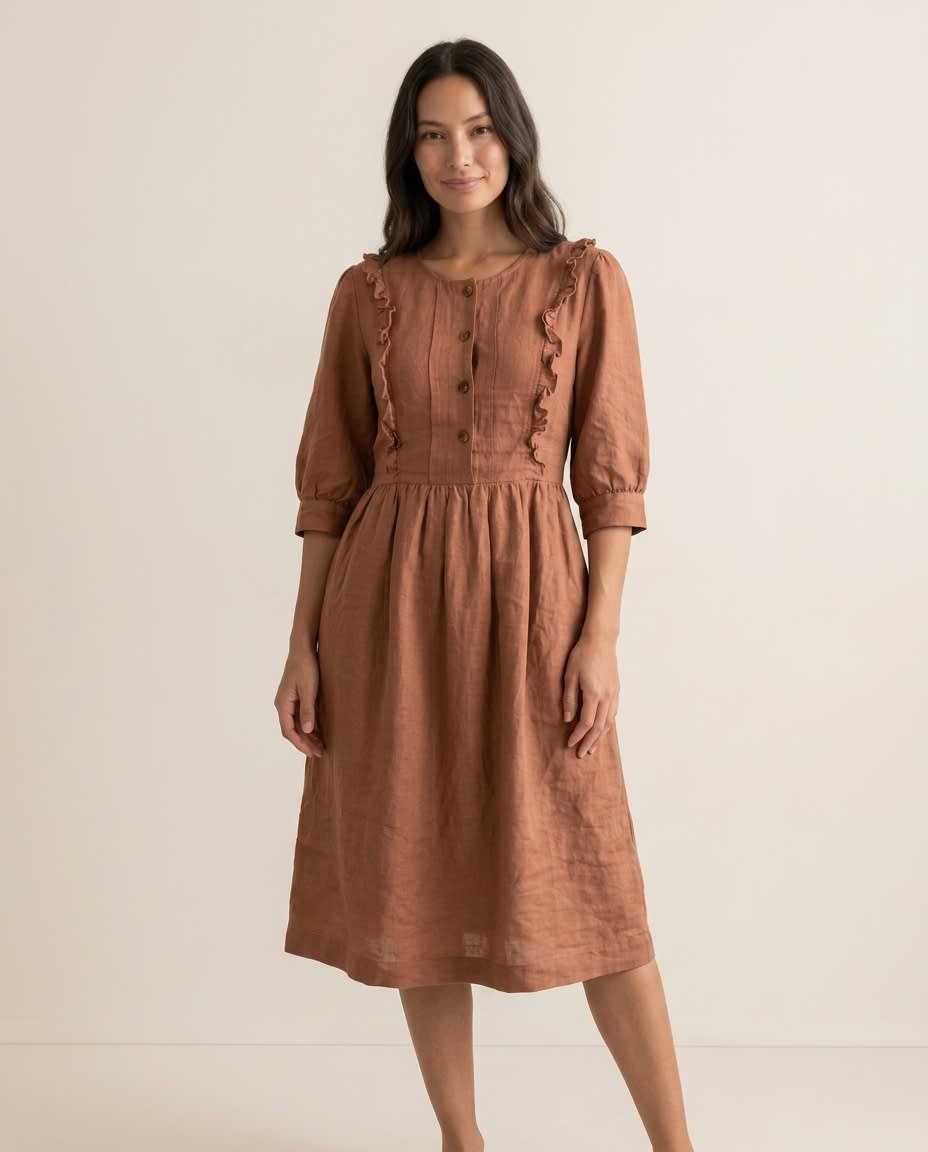 Ruffled Bib Linen Midi Dress