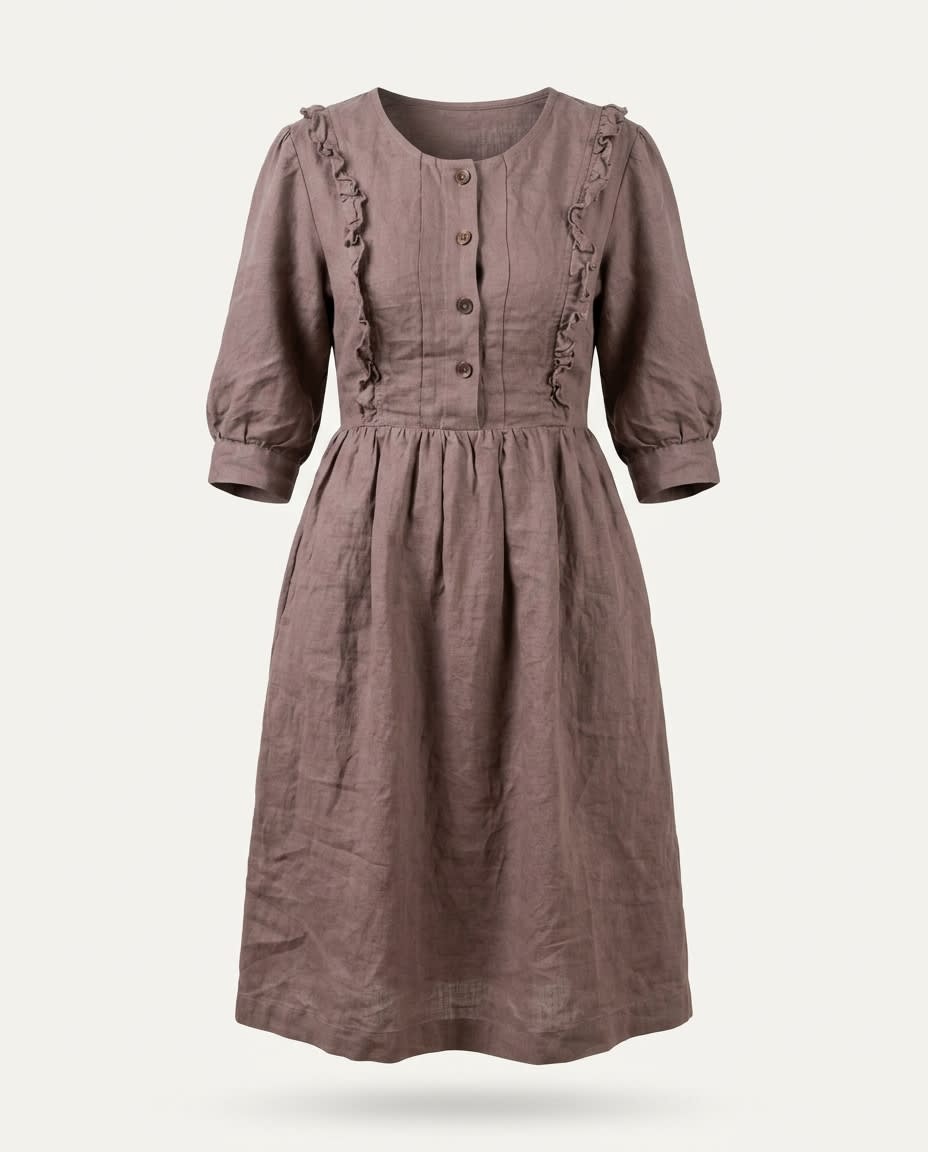 Ruffled Bib Linen Midi Dress