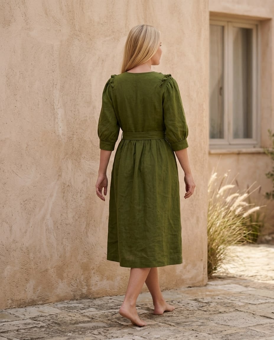 Ruffled Bib Linen Midi Dress