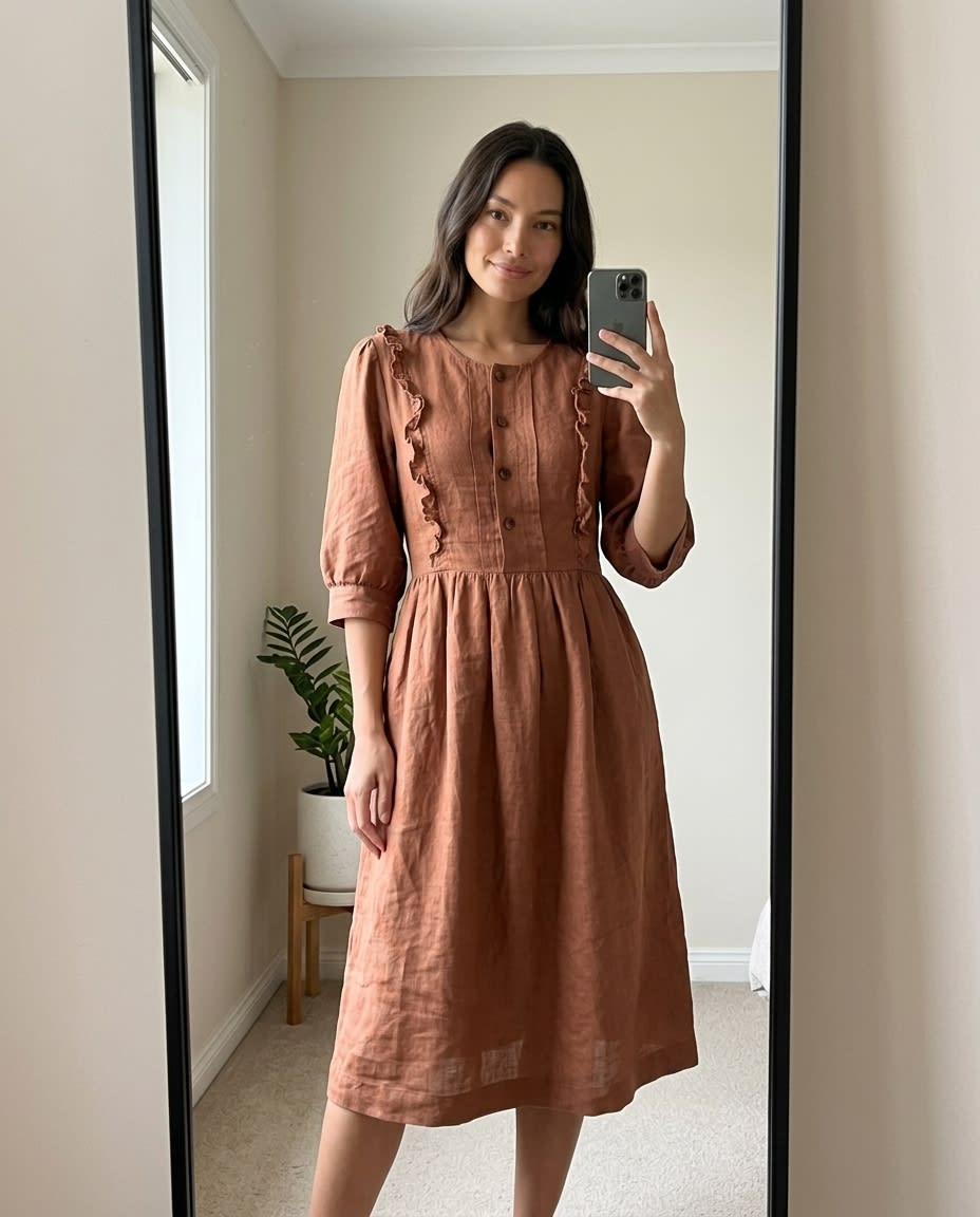 Ruffled Bib Linen Midi Dress