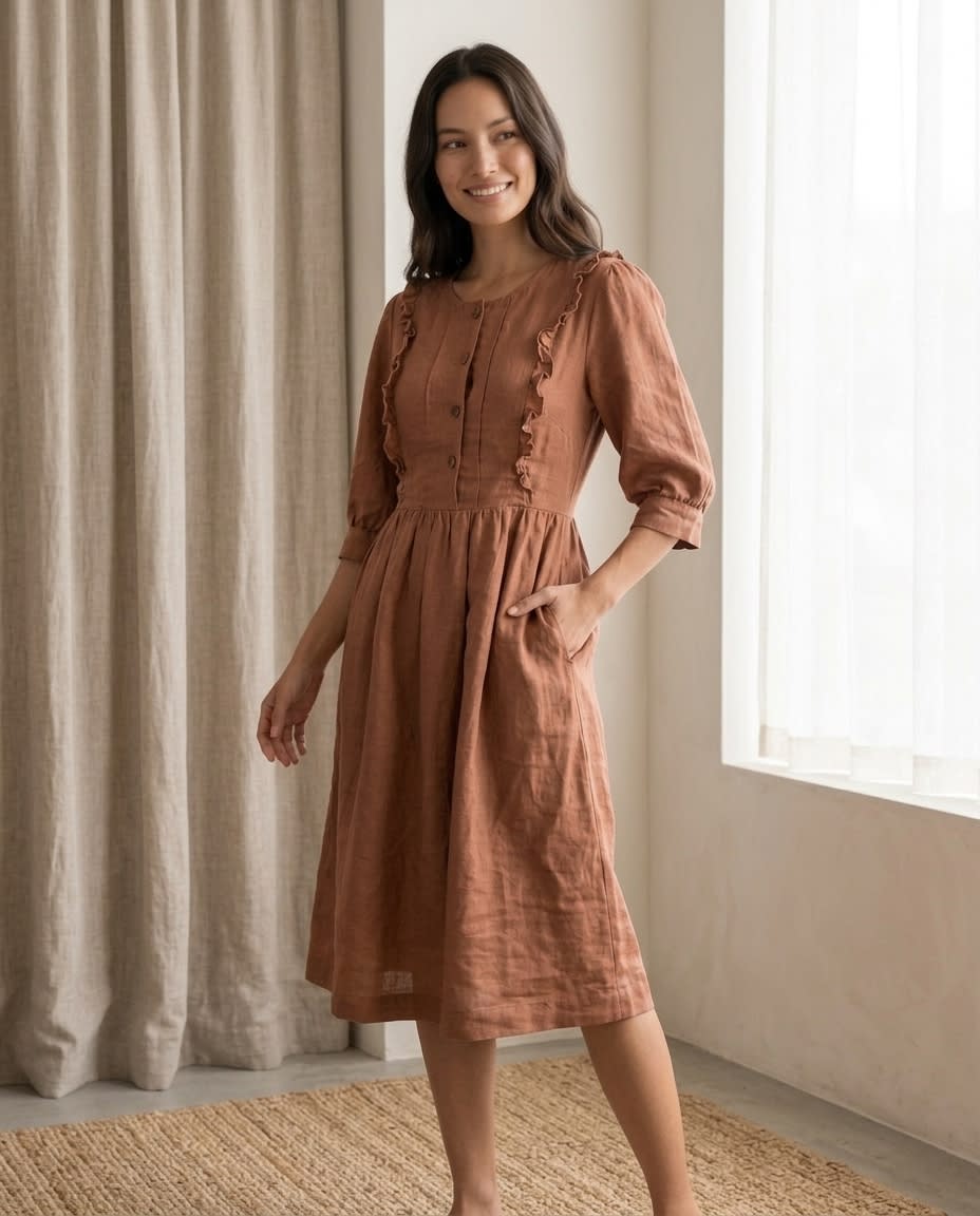 Ruffled Bib Linen Midi Dress