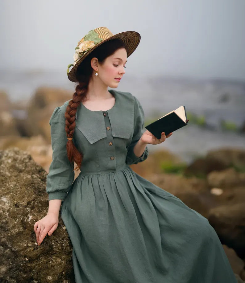 Sailor Collar Linen Maxi Dress