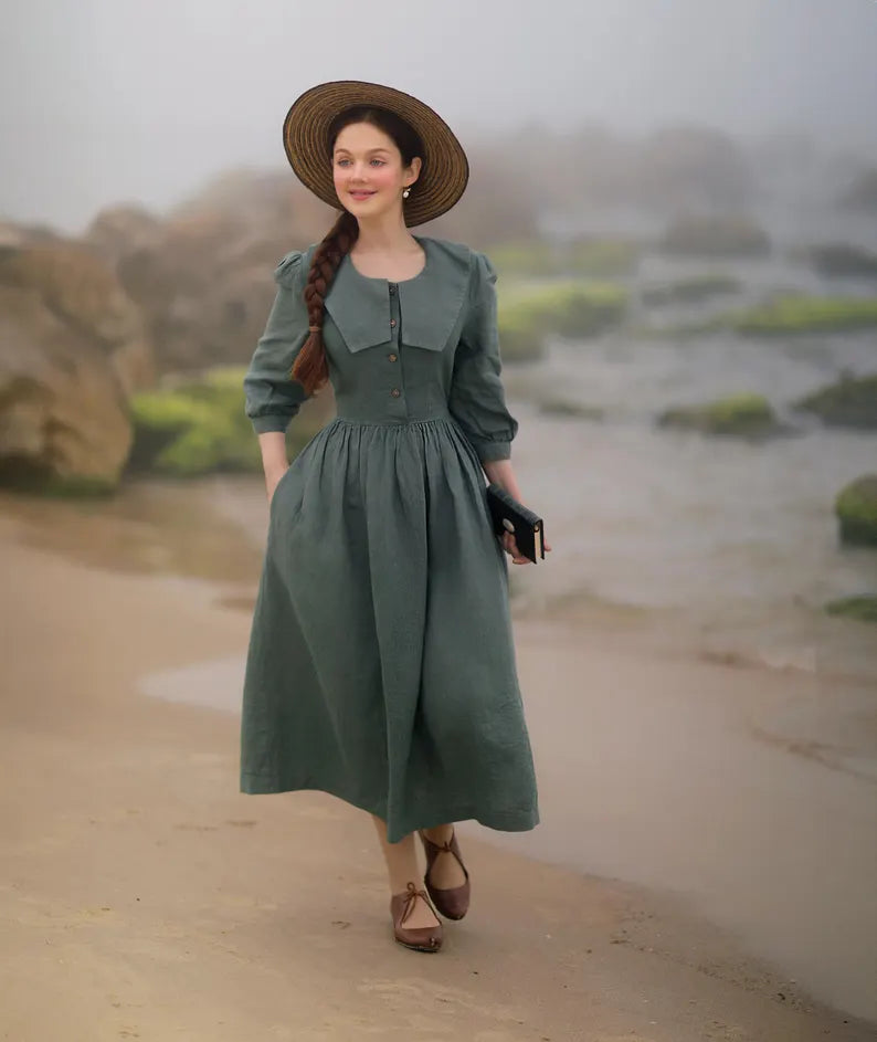 Sailor Collar Linen Maxi Dress