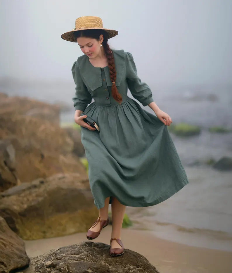 Sailor Collar Linen Maxi Dress