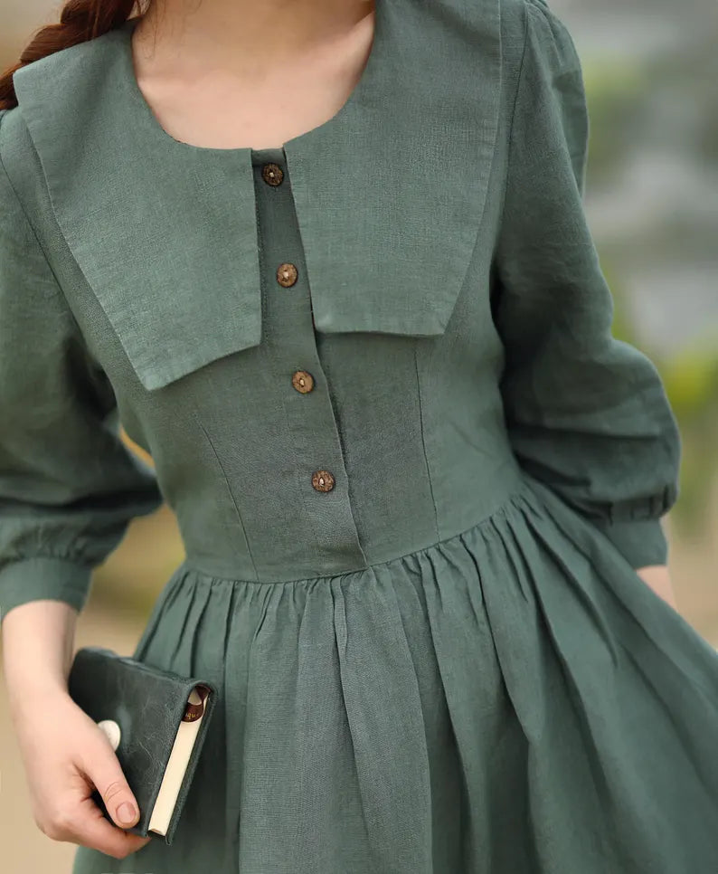 Sailor Collar Linen Maxi Dress