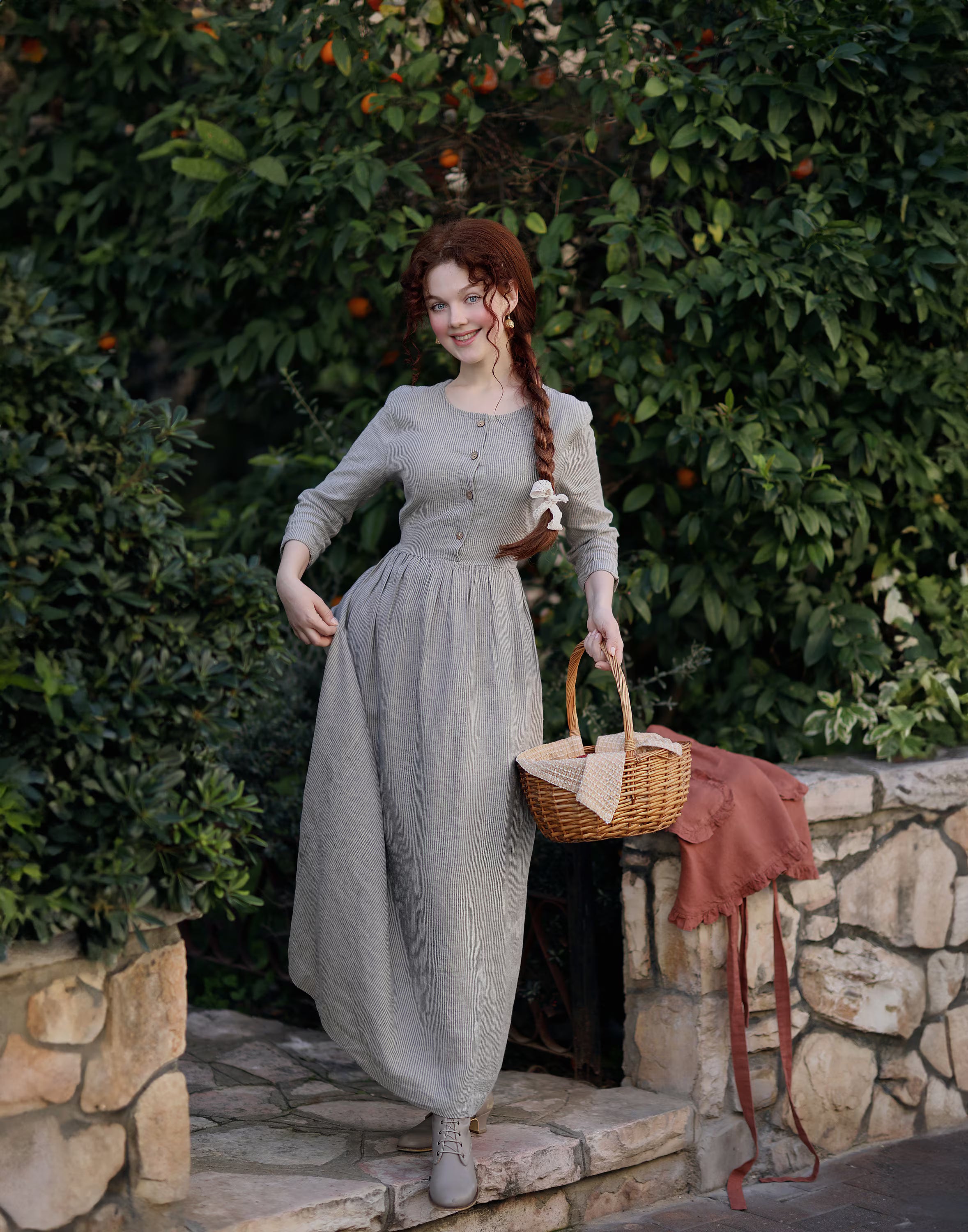 Minimalist Linen Maxi Dress with Button Front & Adjustable Tie