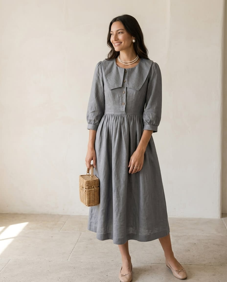 Sailor Collar Linen Midi Dress