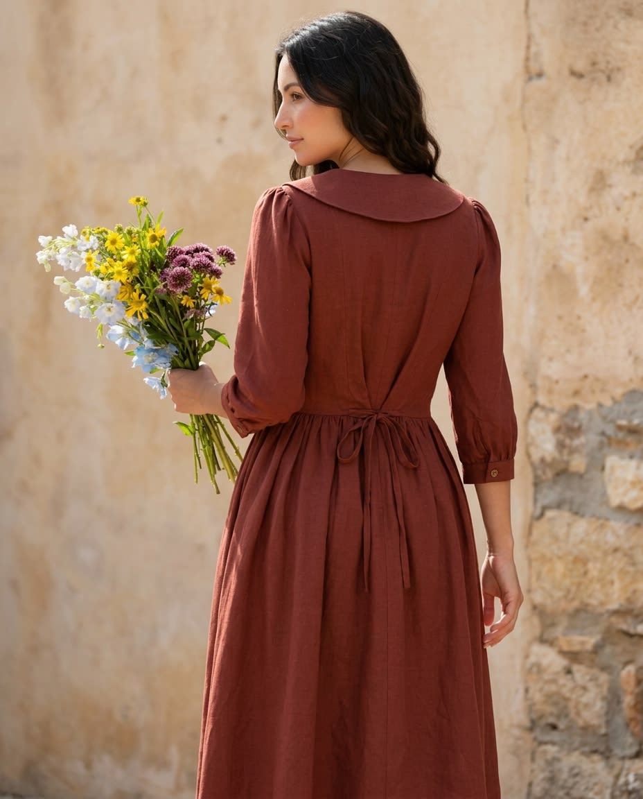 Sailor Collar Linen Midi Dress