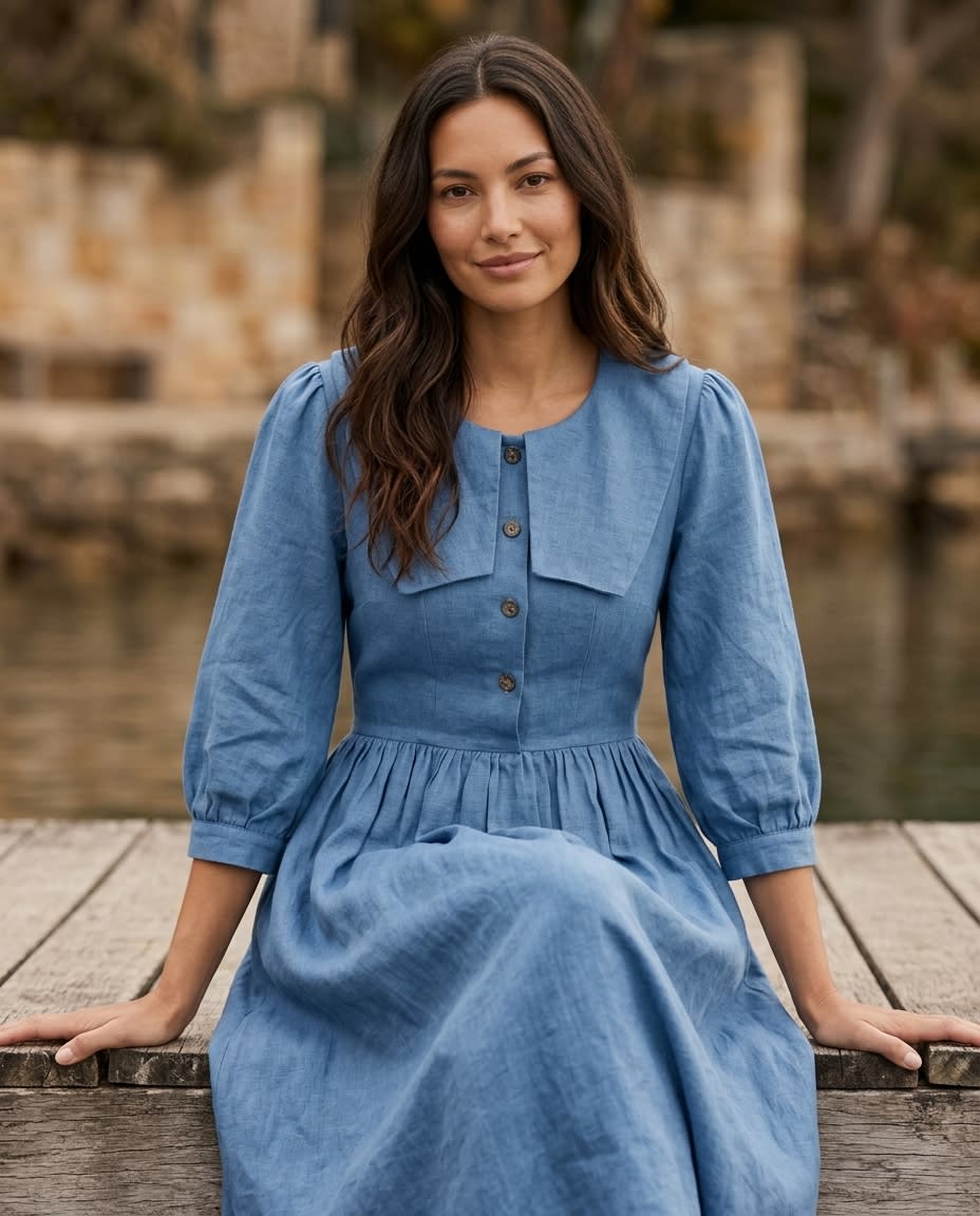 Sailor Collar Linen Midi Dress