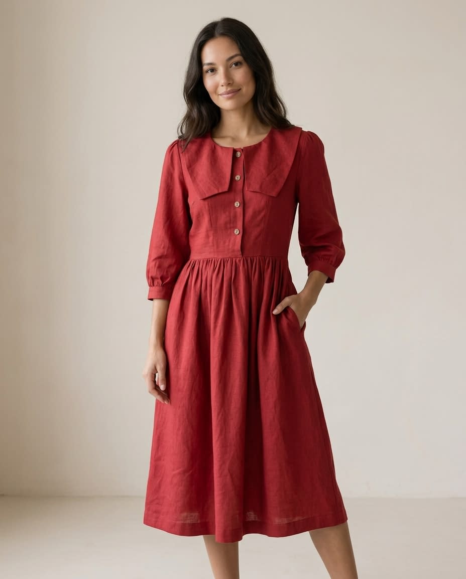 Sailor Collar Linen Midi Dress
