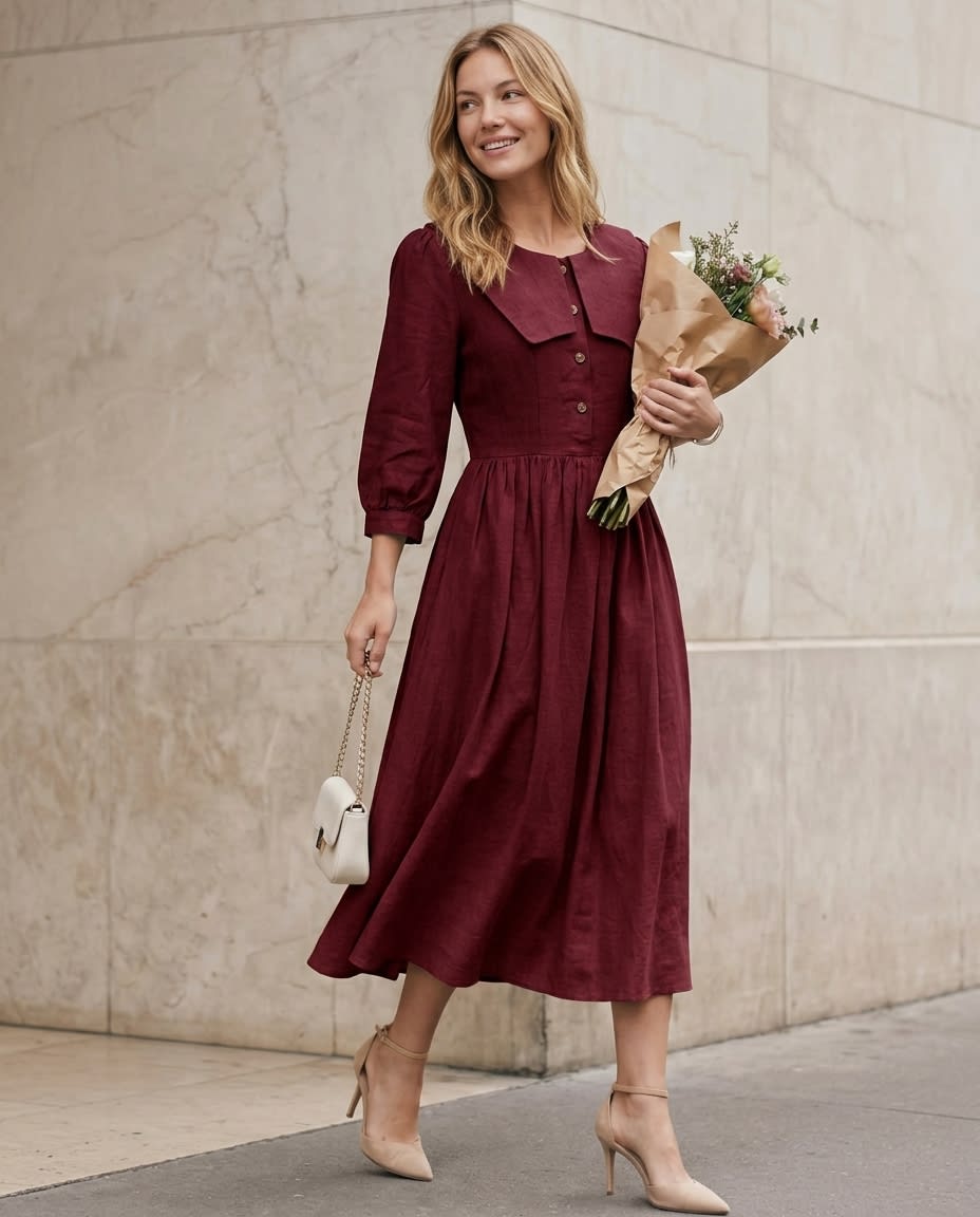 Sailor Collar Linen Midi Dress
