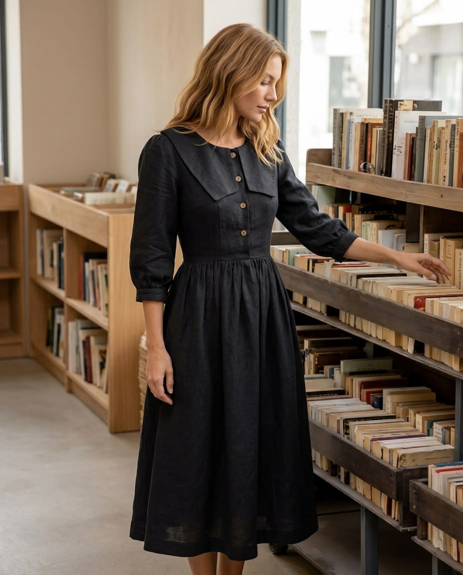 Sailor Collar Linen Midi Dress