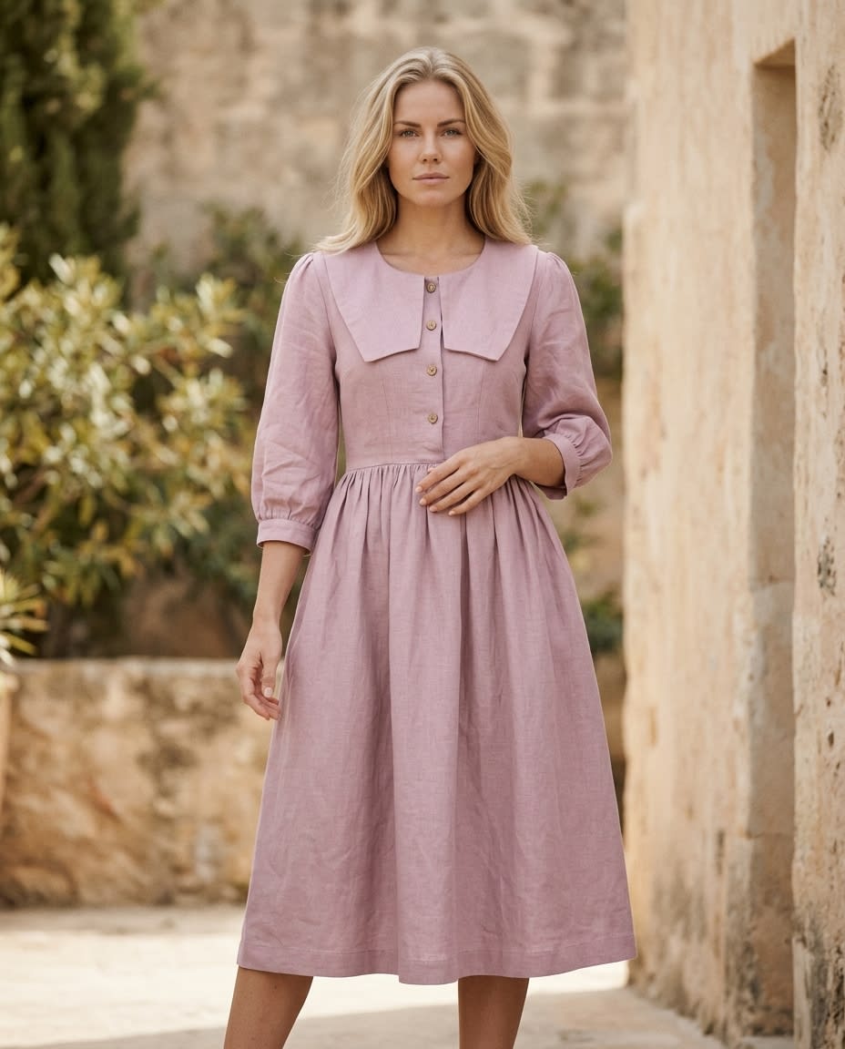 Sailor Collar Linen Midi Dress