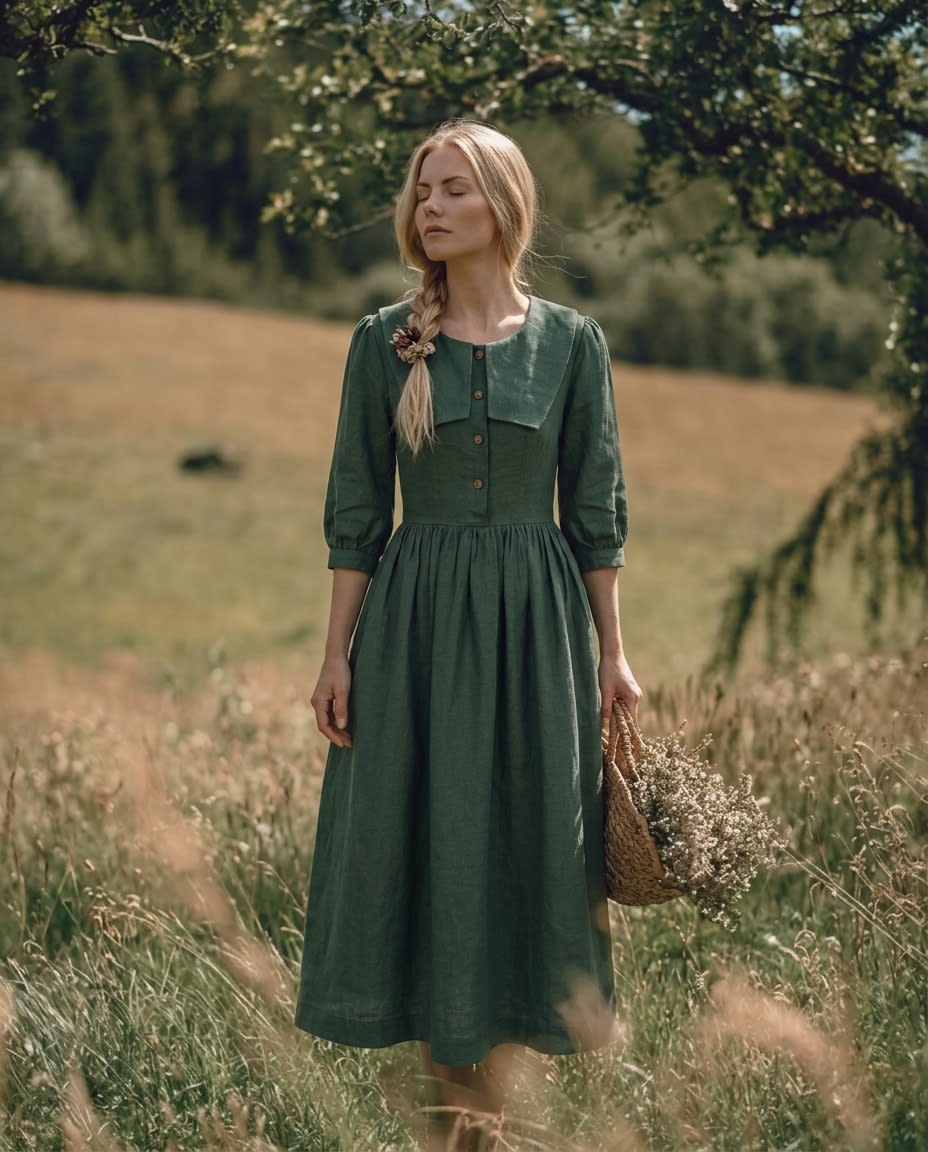 Sailor Collar Linen Midi Dress