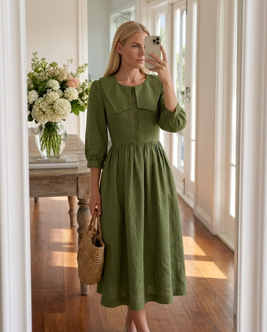 Sailor Collar Linen Midi Dress