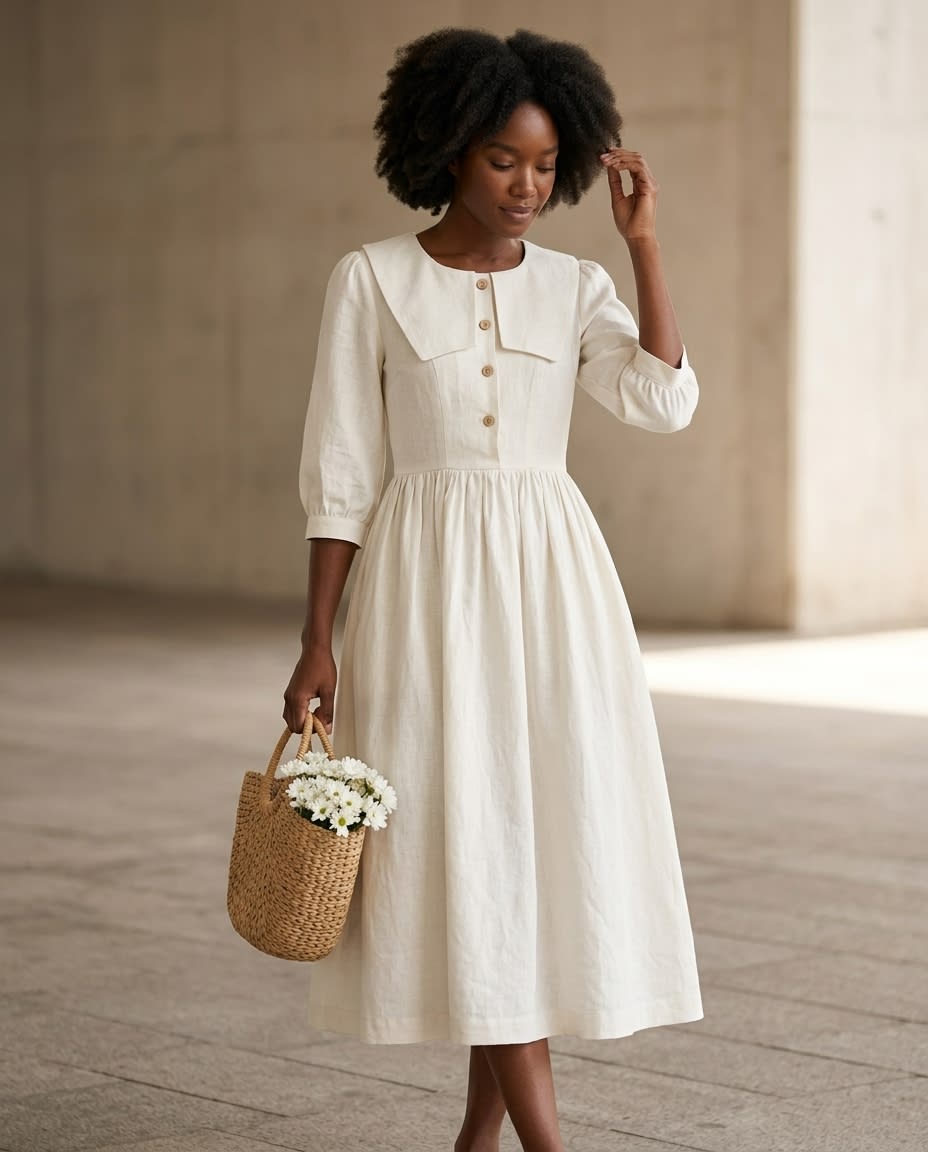 Sailor Collar Linen Midi Dress