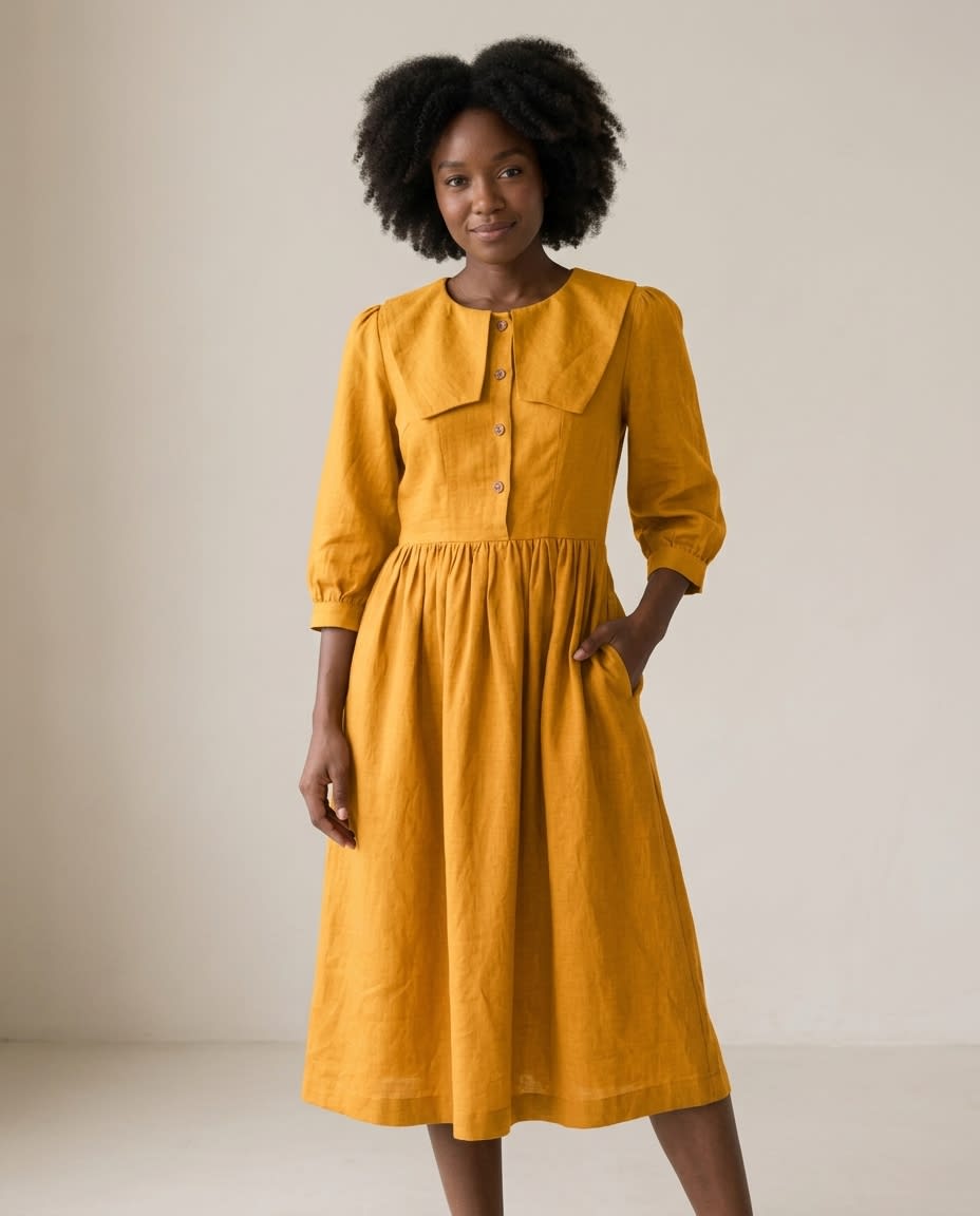 Sailor Collar Linen Midi Dress