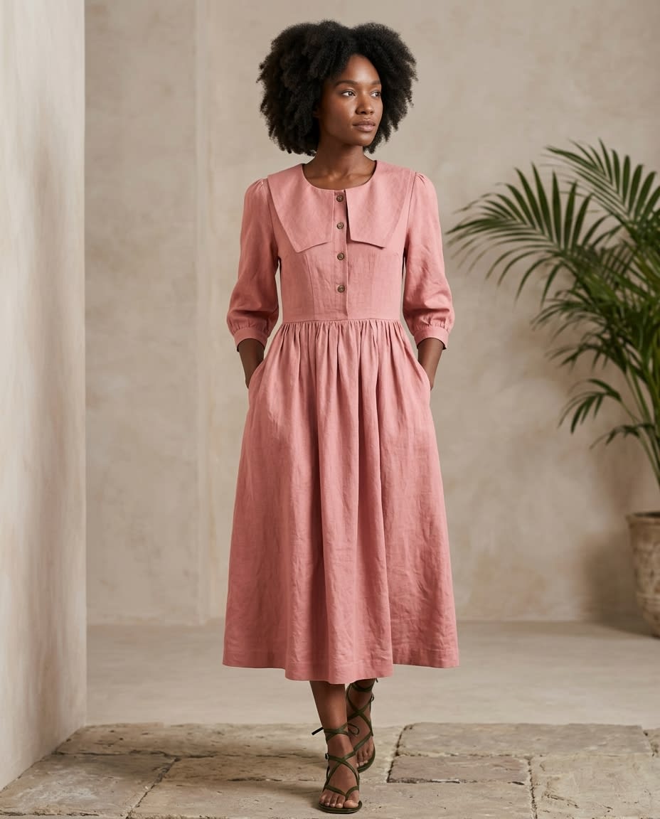 Sailor Collar Linen Midi Dress